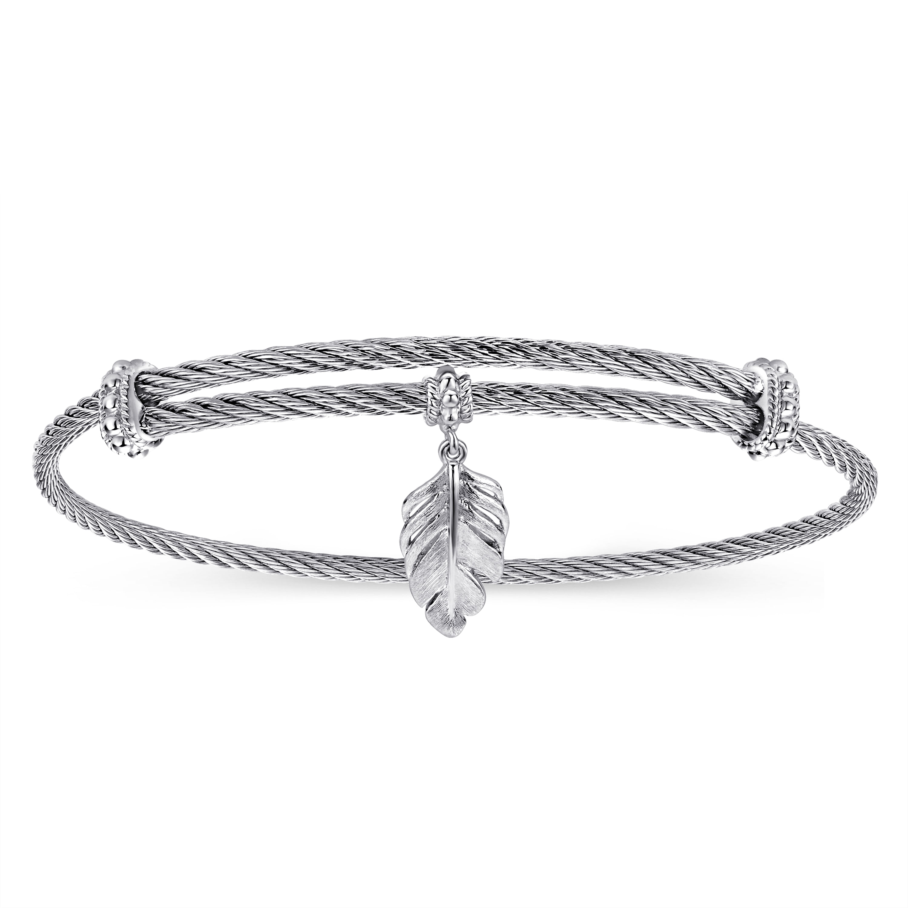 Adjustable Twisted Cable Stainless Steel Bangle with Sterling Silver Leaf Charm