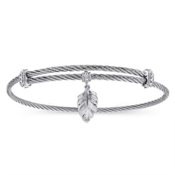 Adjustable Twisted Cable Stainless Steel Bangle with Sterling Silver Leaf Charm