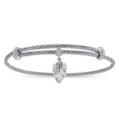 Adjustable Twisted Cable Stainless Steel Bangle with Sterling Silver Leaf Charm