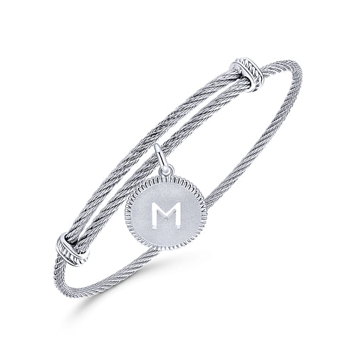 Adjustable Twisted Cable Stainless Steel Bangle with Sterling Silver M Initial Charm - Shot 2