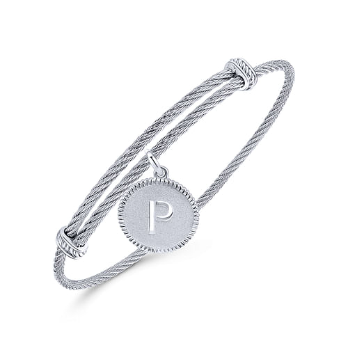 Adjustable Twisted Cable Stainless Steel Bangle with Sterling Silver P Initial Charm - Shot 2
