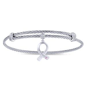 Adjustable Twisted Cable Stainless Steel Bangle with Sterling Silver Pink Zircon Breast Cancer Charm