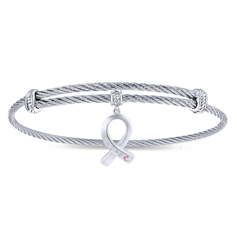 Adjustable Twisted Cable Stainless Steel Bangle with Sterling Silver Pink Zircon Breast Cancer Charm - Shot 1