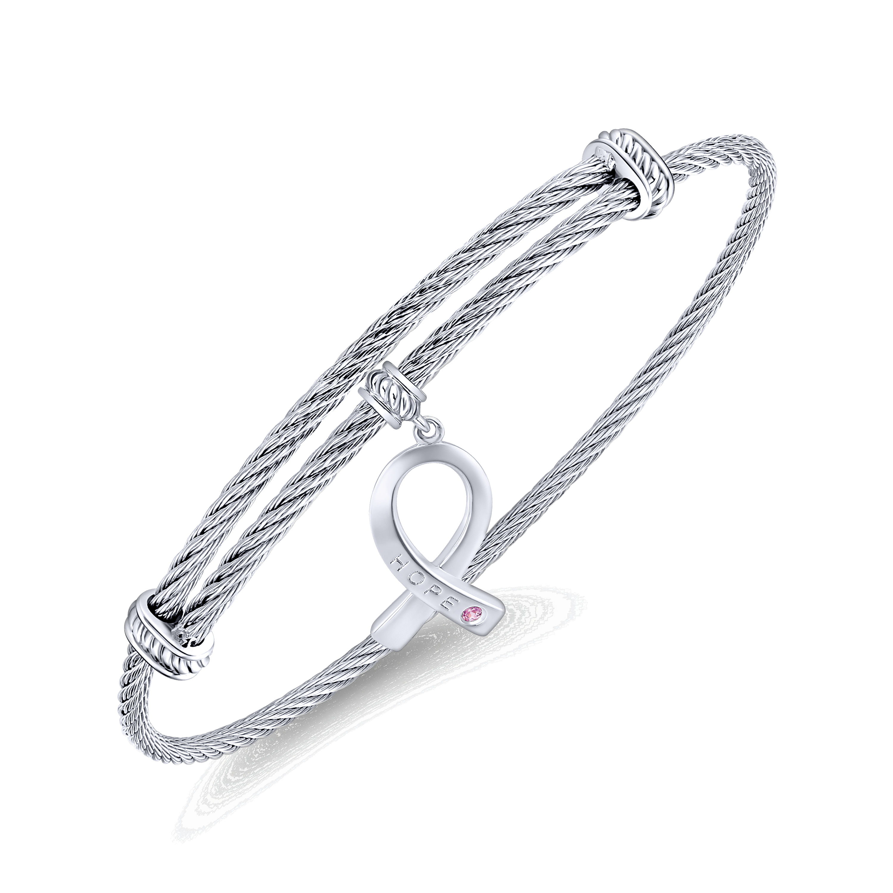 Adjustable Twisted Cable Stainless Steel Bangle with Sterling Silver Pink Zircon Breast Cancer Charm - Shot 2
