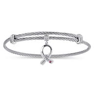 Adjustable Twisted Cable Stainless Steel Bangle with Sterling Silver Ruby Breast Cancer Charm