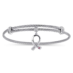 Adjustable Twisted Cable Stainless Steel Bangle with Sterling Silver Ruby Breast Cancer Charm