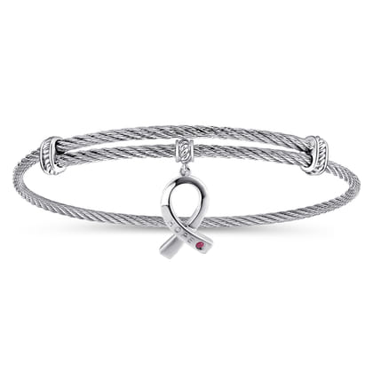 Adjustable Twisted Cable Stainless Steel Bangle with Sterling Silver Ruby Breast Cancer Charm