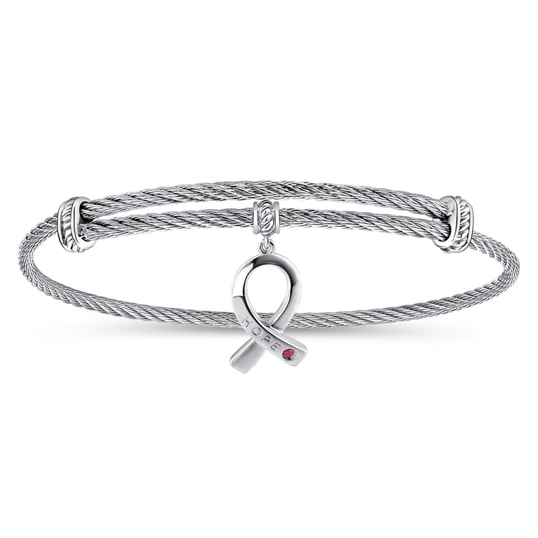 Adjustable Twisted Cable Stainless Steel Bangle with Sterling Silver Ruby Breast Cancer Charm - Shot 1