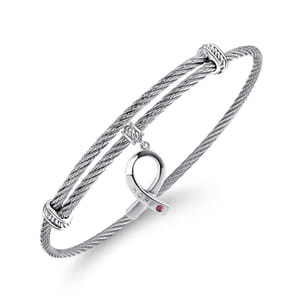 Adjustable Twisted Cable Stainless Steel Bangle with Sterling Silver Ruby Breast Cancer Charm