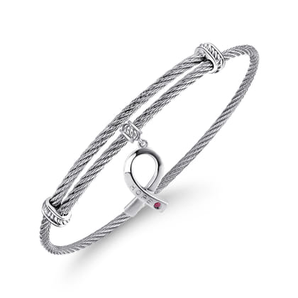 Adjustable Twisted Cable Stainless Steel Bangle with Sterling Silver Ruby Breast Cancer Charm