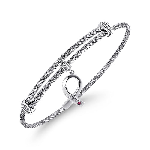 Adjustable Twisted Cable Stainless Steel Bangle with Sterling Silver Ruby Breast Cancer Charm - Shot 2