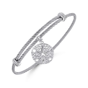 Adjustable Twisted Cable Stainless Steel Bangle with Sterling Silver Sand Dollar Charm