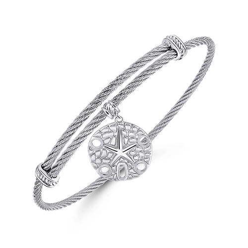 Adjustable Twisted Cable Stainless Steel Bangle with Sterling Silver Sand Dollar Charm - Shot 2