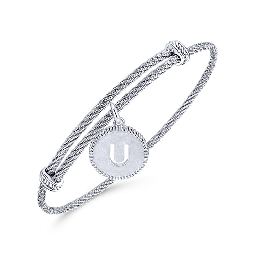 Adjustable Twisted Cable Stainless Steel Bangle with Sterling Silver U Initial Charm - Shot 2