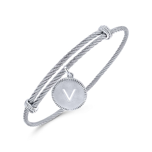 Adjustable Twisted Cable Stainless Steel Bangle with Sterling Silver V Initial Charm - Shot 2