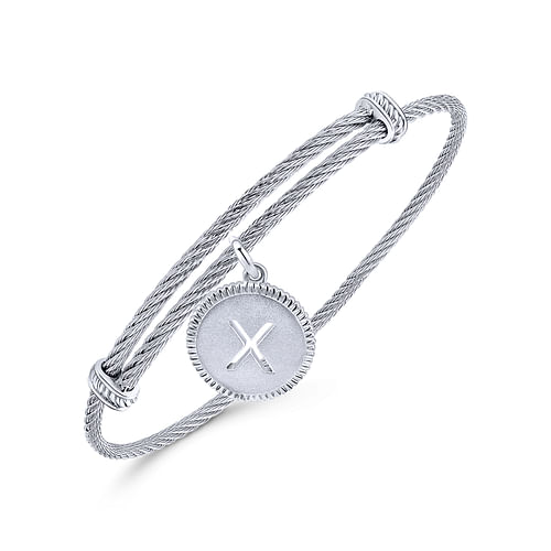 Adjustable Twisted Cable Stainless Steel Bangle with Sterling Silver X Initial Charm - Shot 2