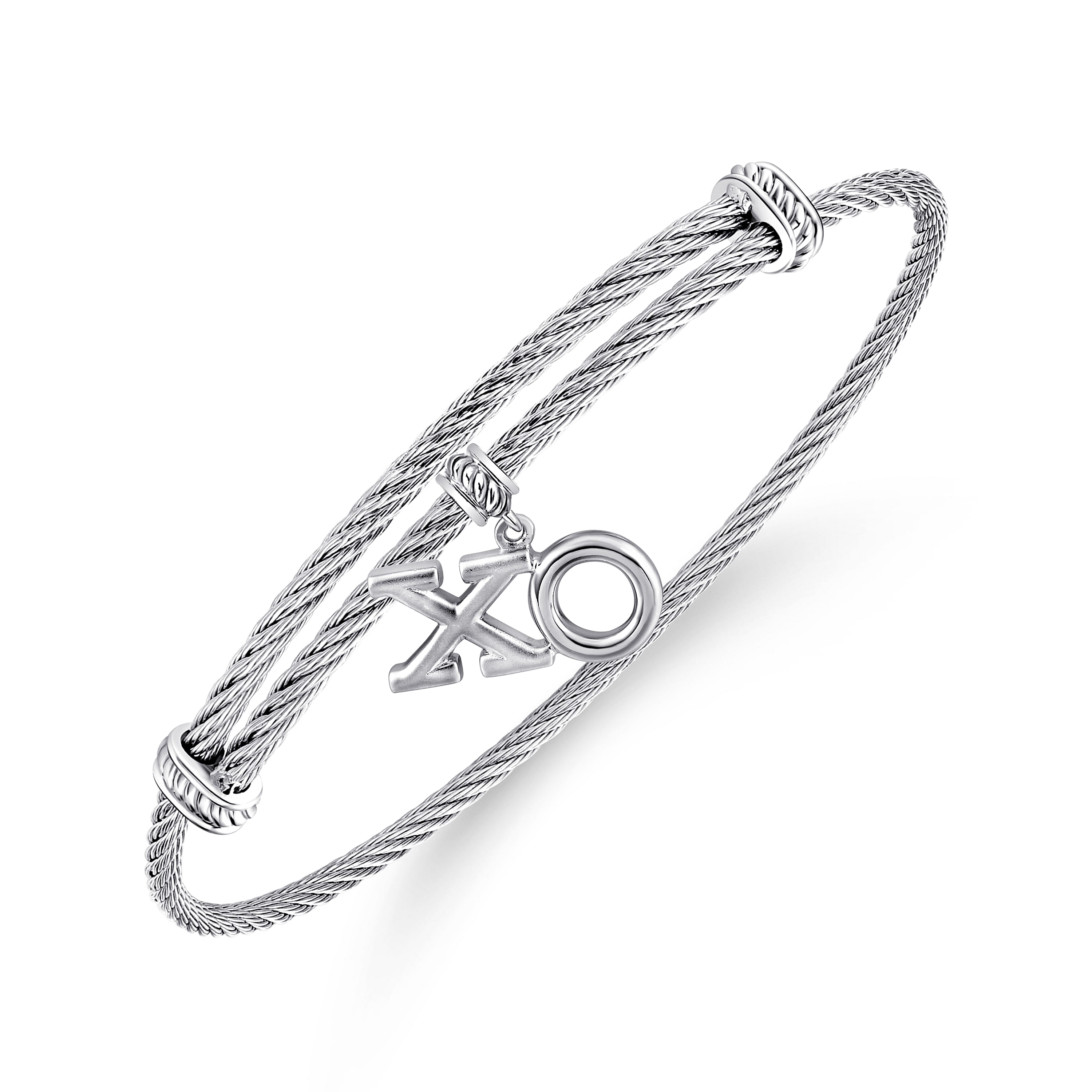 Adjustable Twisted Cable Stainless Steel Bangle with Sterling Silver XO Charm - Shot 2