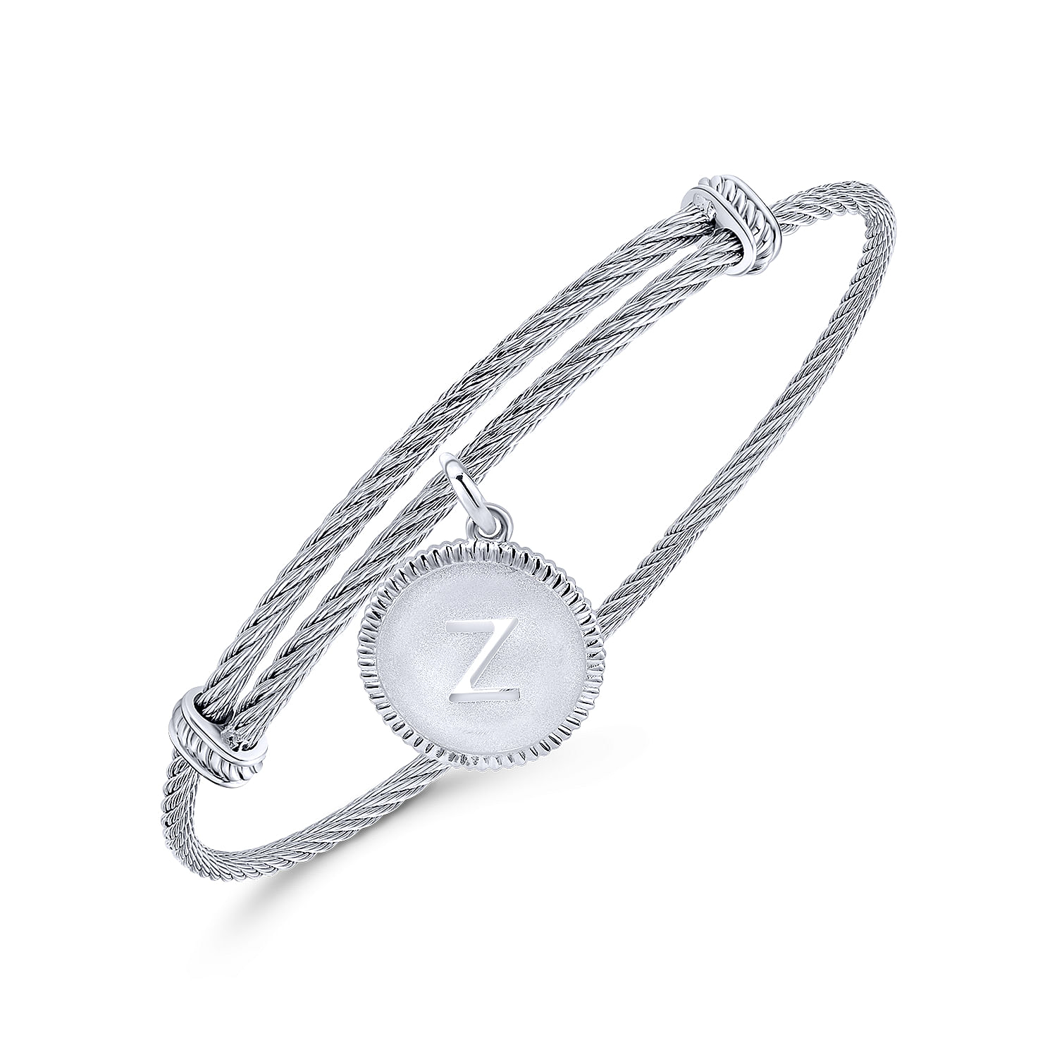 Adjustable Twisted Cable Stainless Steel Bangle with Sterling Silver Z Initial Charm - Shot 2