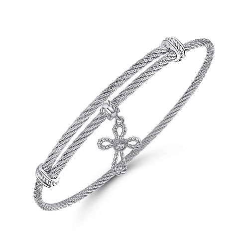 Adjustable Twisted Cable Stainless Steel Bangle with Sterling Silver and White Sapphire Cross Charm - Shot 2