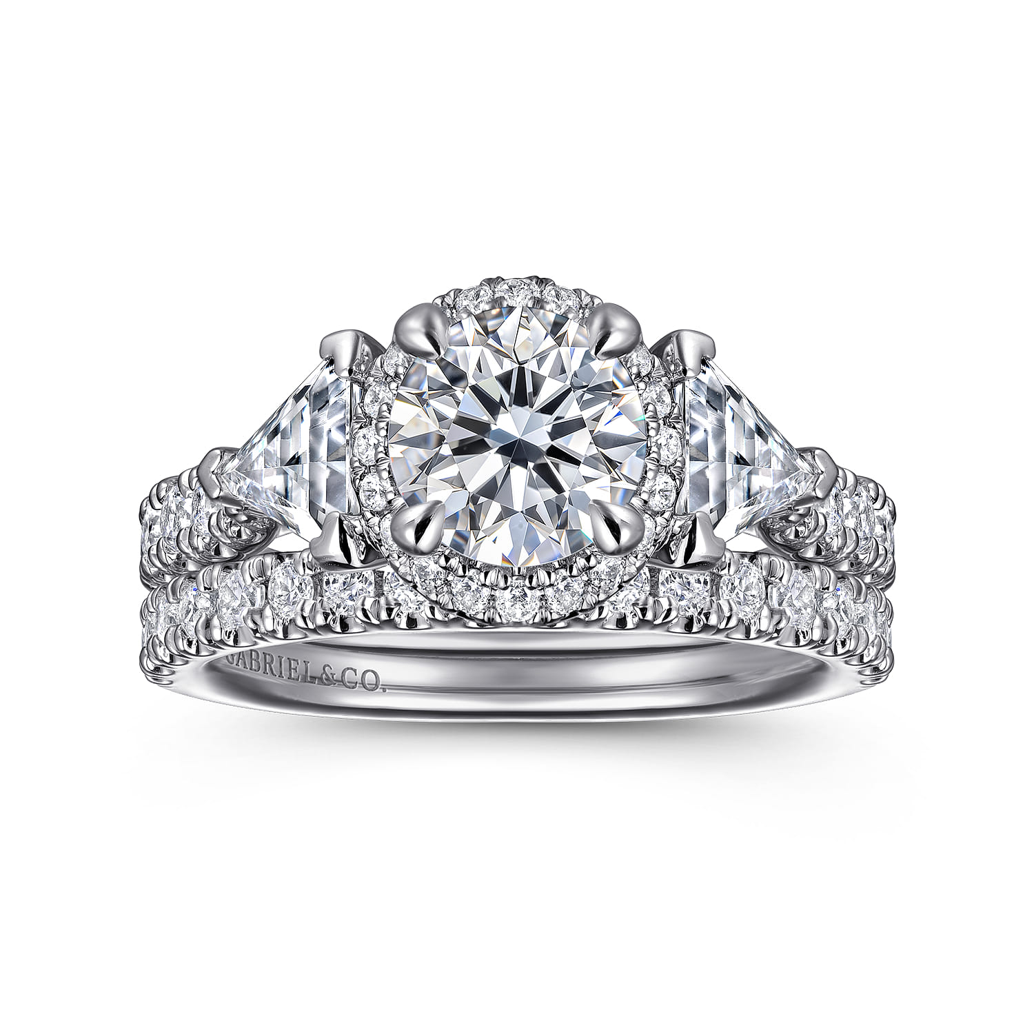 Adriella - 14K White Gold Round Three Stone Halo Diamond Engagement Ring