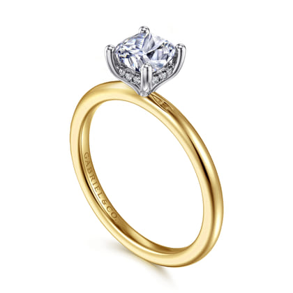 Ady - 14K White-Yellow Gold Cushion Hidden Halo Diamond Engagement Ring