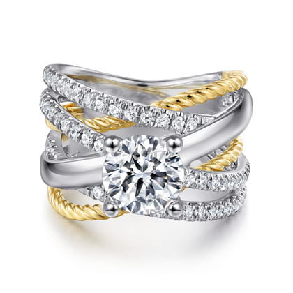 Affection - 14K White-Yellow Gold Free Form Round Diamond Engagement Ring