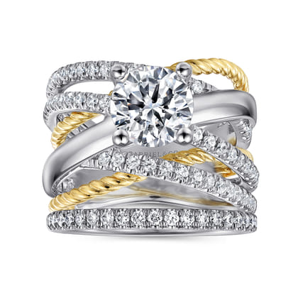 Affection - 14K White-Yellow Gold Free Form Round Diamond Engagement Ring