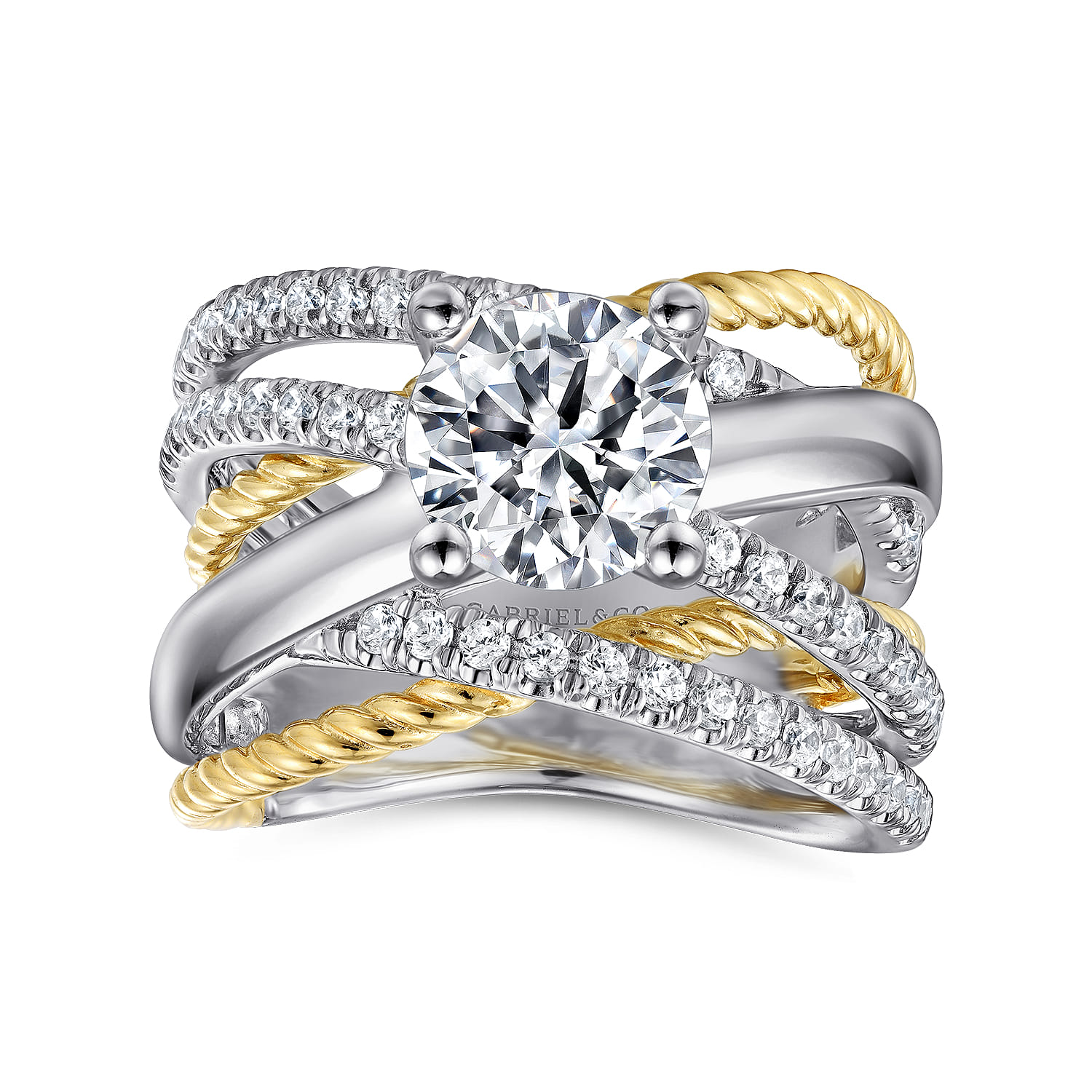 Affection - 14K White-Yellow Gold Free Form Round Diamond Engagement Ring