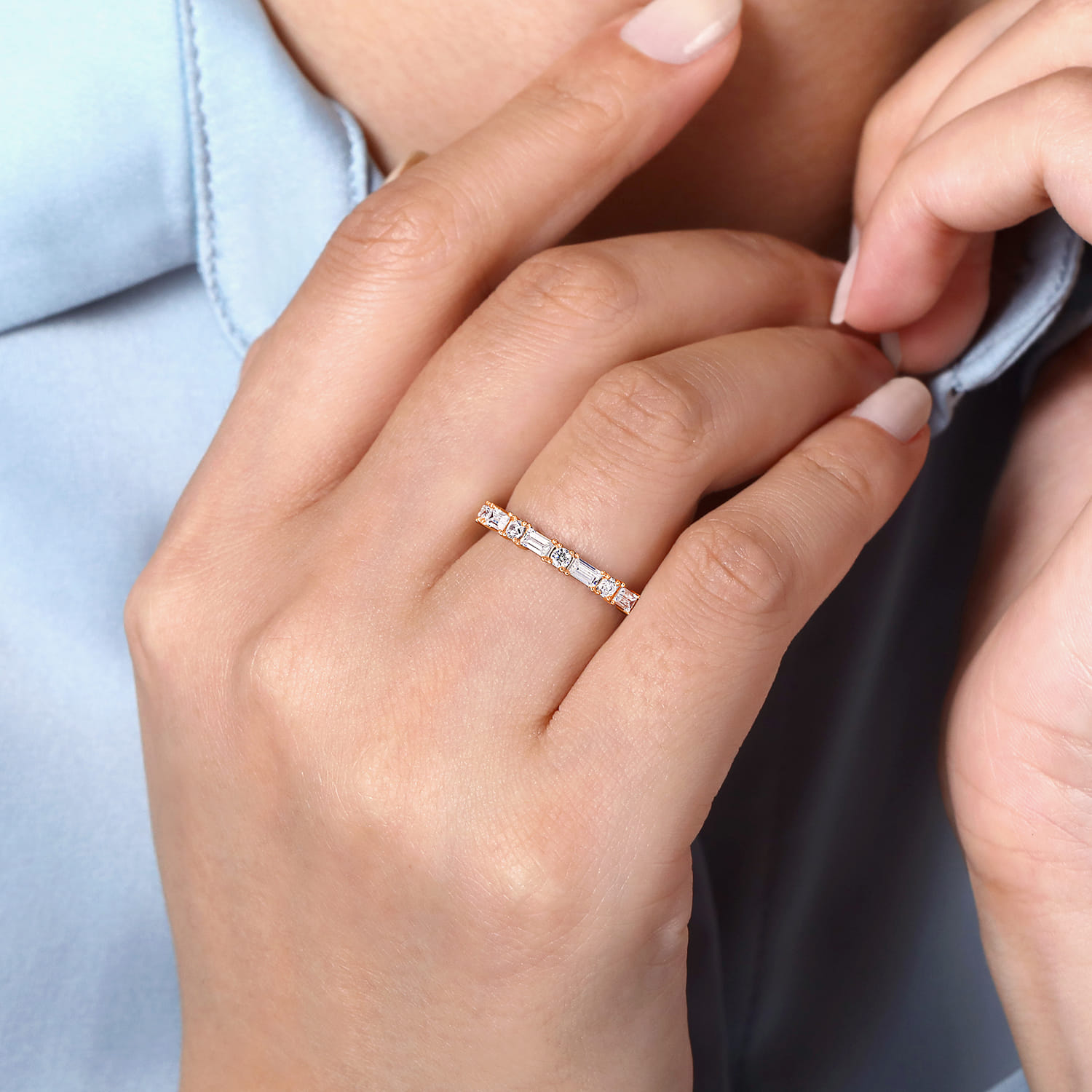 Fancy Wedding Ring in 14k Rose Gold with Baguette Natural Diamond at Gabriel & Co. - Shot 5