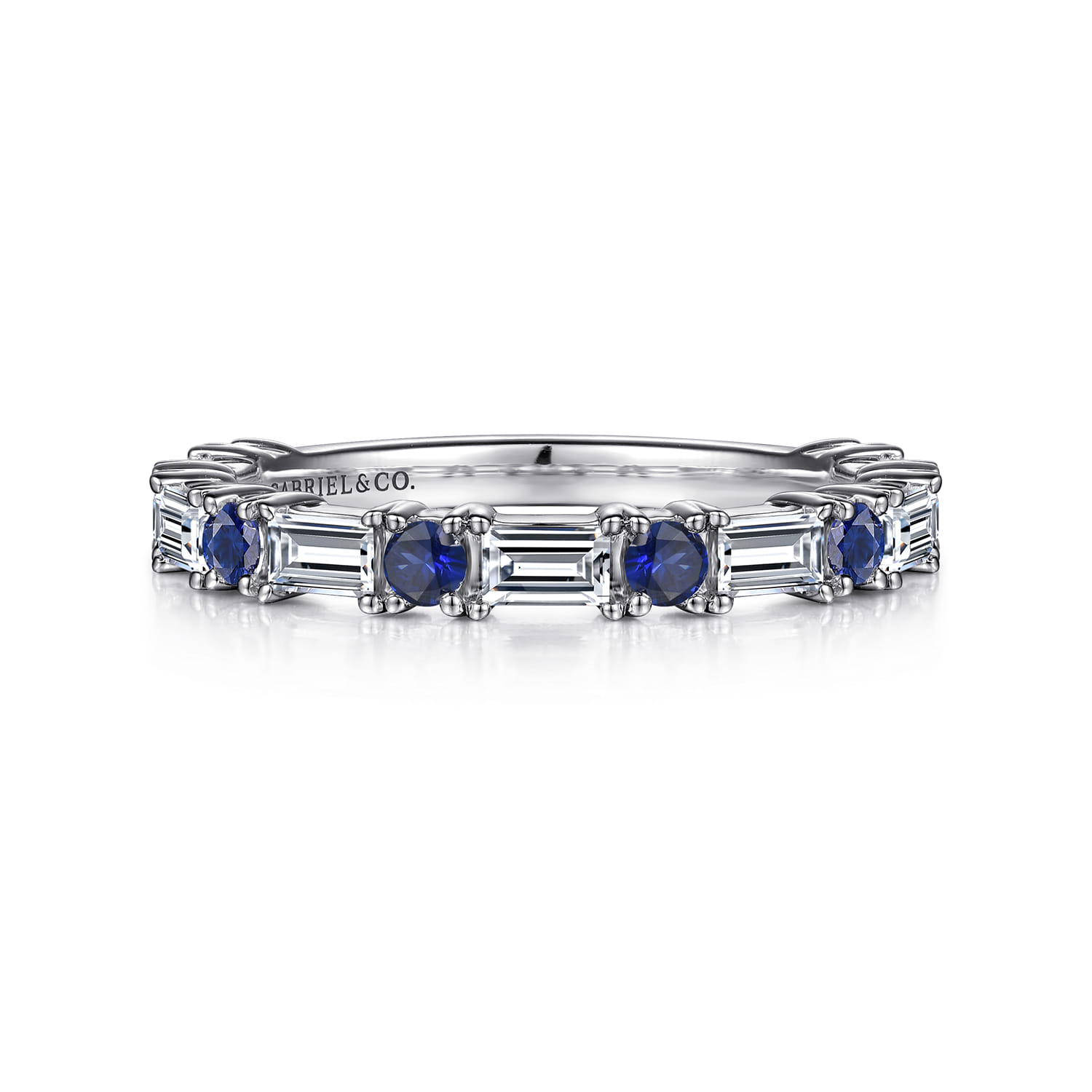Fancy Wedding Ring in 14k White Gold with Baguette Sapphire at Gabriel & Co. - Shot 1