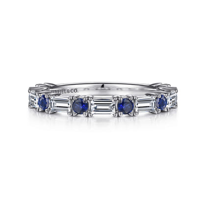 Aggie - 14K White Gold Baguette Diamond and Round Sapphire Anniversary Band