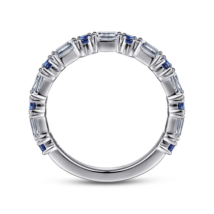 Aggie - 14K White Gold Baguette Diamond and Round Sapphire Anniversary Band