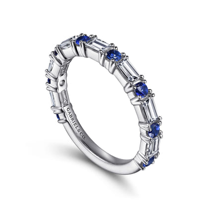 Aggie - 14K White Gold Baguette Diamond and Round Sapphire Anniversary Band
