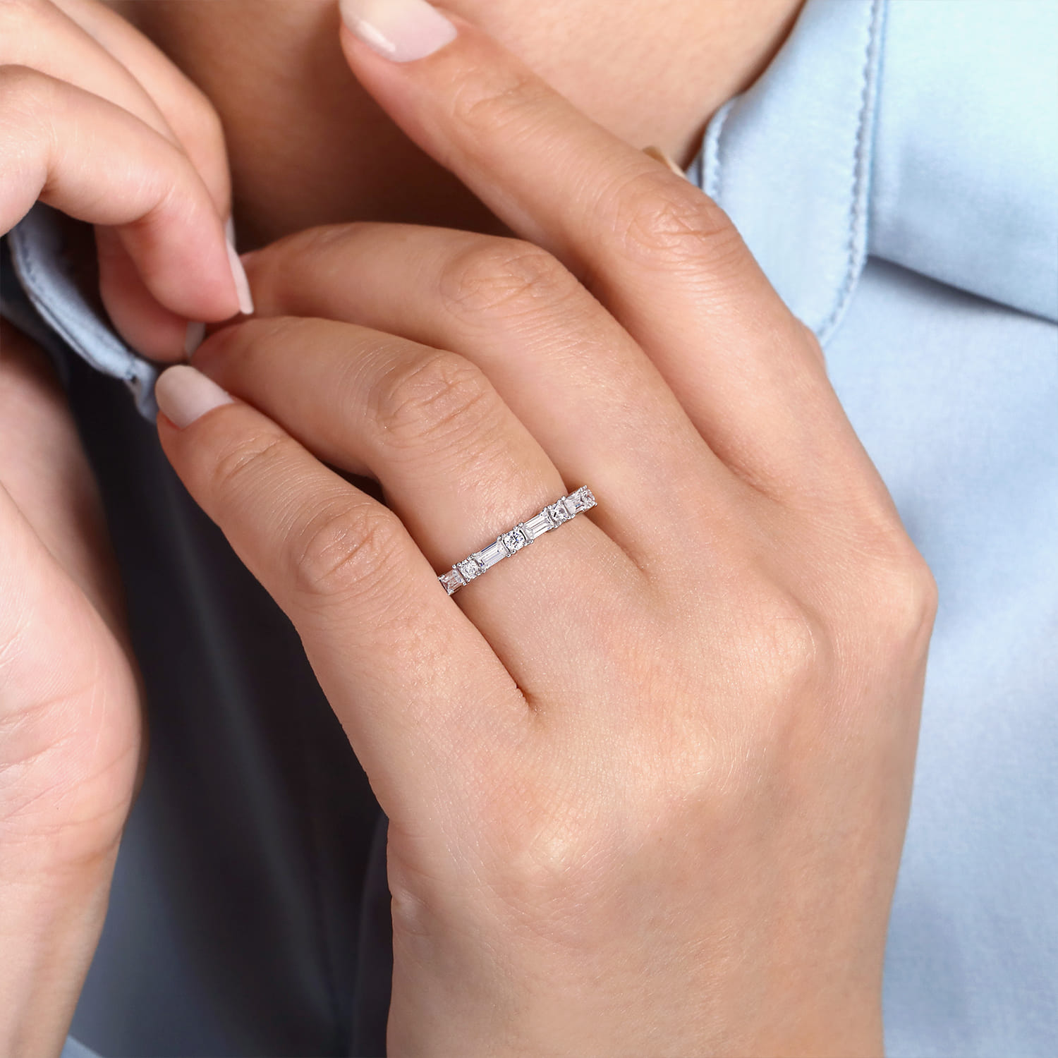 Aggie - 14K White Gold Baguette and Round Diamond Anniversary Band