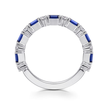 Aggie - 14K White Gold Prong Set Baguette Sapphire and Round Diamond Anniversary Band