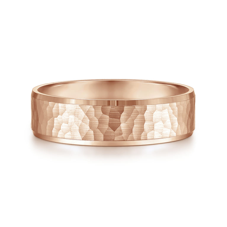 Aiden - 14K Rose Gold 6mm - Men's Wedding Band in Hammered Finish - Shot 1