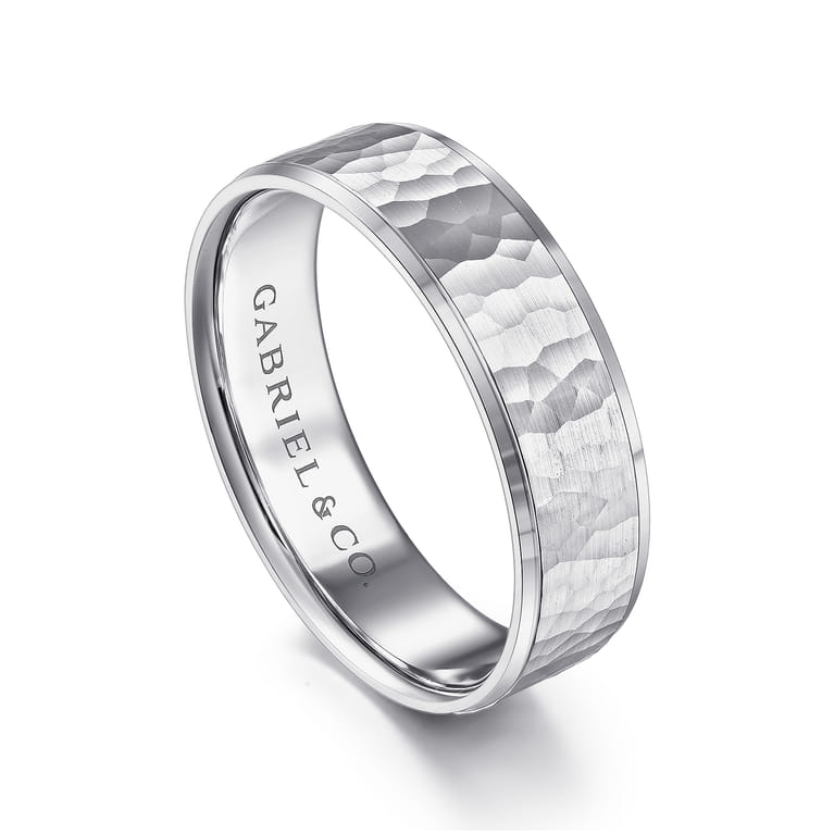 Aiden - 14K White Gold 6mm - Men's Wedding Band in Hammered Finish - Shot 3