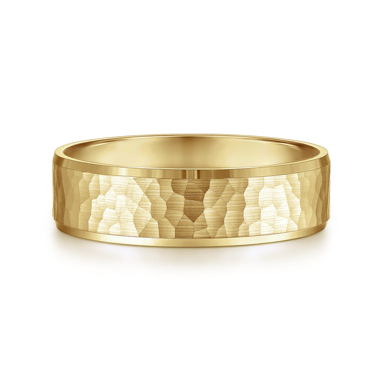 Aiden - 14K Yellow Gold 6mm - Men's Wedding Band in Hammered Finish - Shot 1