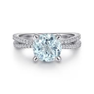 Aisha - 14K White Gold Split Shank Round Aquamarine and Diamond Engagement Ring