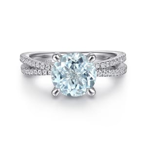 Aisha - 14K White Gold Split Shank Round Aquamarine and Diamond Engagement Ring