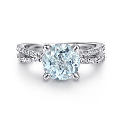 Aisha - 14K White Gold Split Shank Round Aquamarine and Diamond Engagement Ring