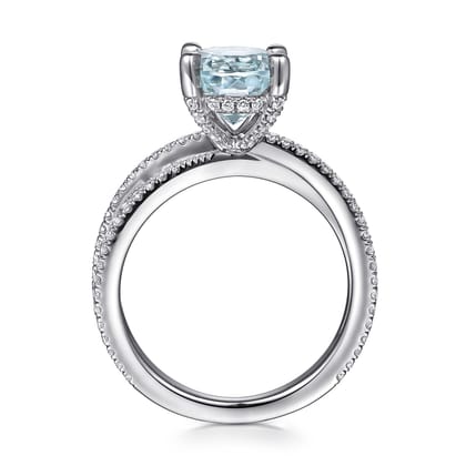Aisha - 14K White Gold Split Shank Round Aquamarine and Diamond Engagement Ring