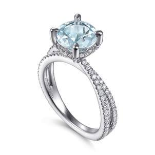 Aisha - 14K White Gold Split Shank Round Aquamarine and Diamond Engagement Ring