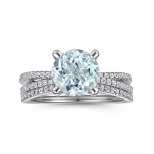 Aisha - 14K White Gold Split Shank Round Aquamarine and Diamond Engagement Ring