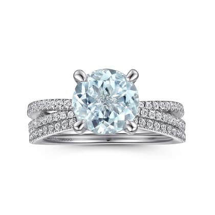 Aisha - 14K White Gold Split Shank Round Aquamarine and Diamond Engagement Ring