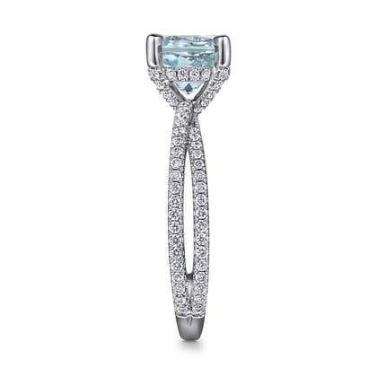 Aisha - 14K White Gold Split Shank Round Aquamarine and Diamond Engagement Ring