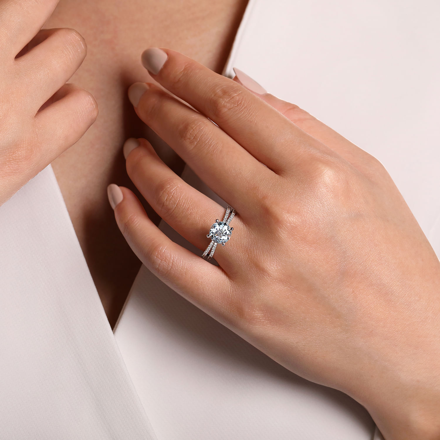 Aisha - 14K White Gold Split Shank Round Aquamarine and Diamond Engagement Ring