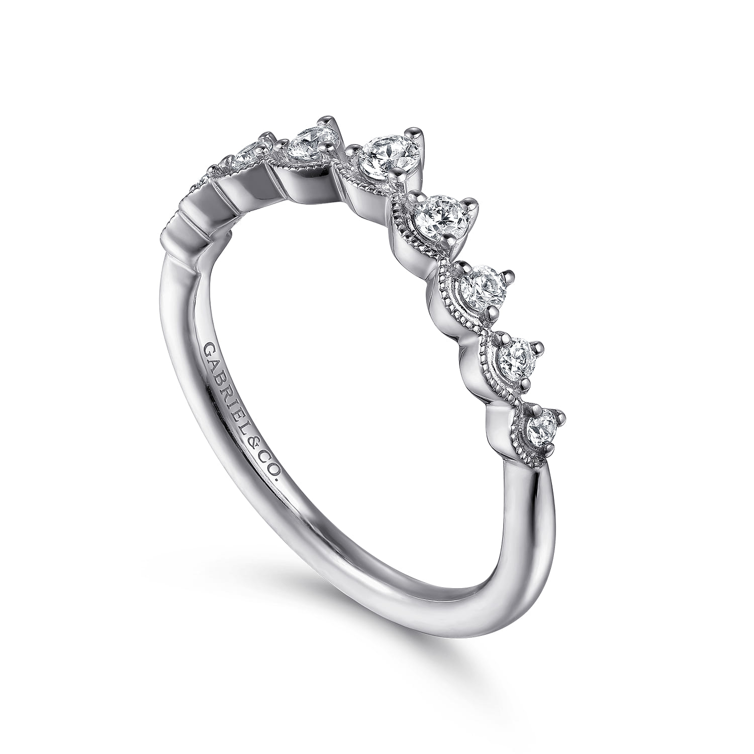 Curved Wedding Ring in 14k White Gold with Round Natural Diamond at Gabriel & Co. - Shot 3