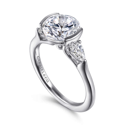 Alesandra - 14K White Gold Half Bezel Round Three Stone Diamond Engagement Ring