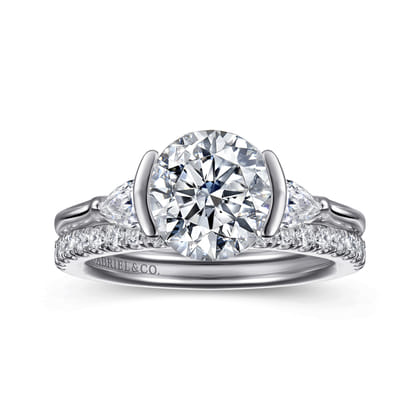 Alesandra - 14K White Gold Half Bezel Round Three Stone Diamond Engagement Ring